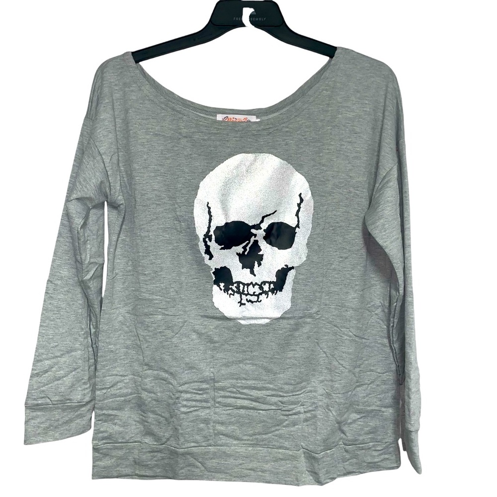Happy Alireverie Halloween NEW off shoulder glitter skull sweater gray large